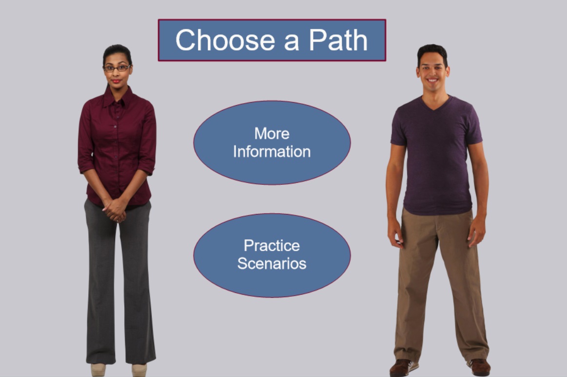 woman and man standing with two circles between them